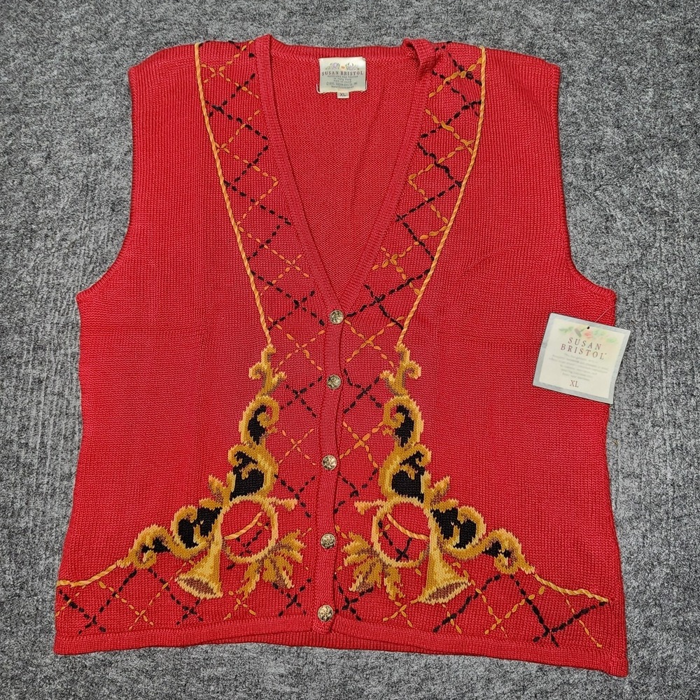 Susan Bristol Red Hand Embroidered Cardigan Sweater Vest Gold French Horn XL NWT